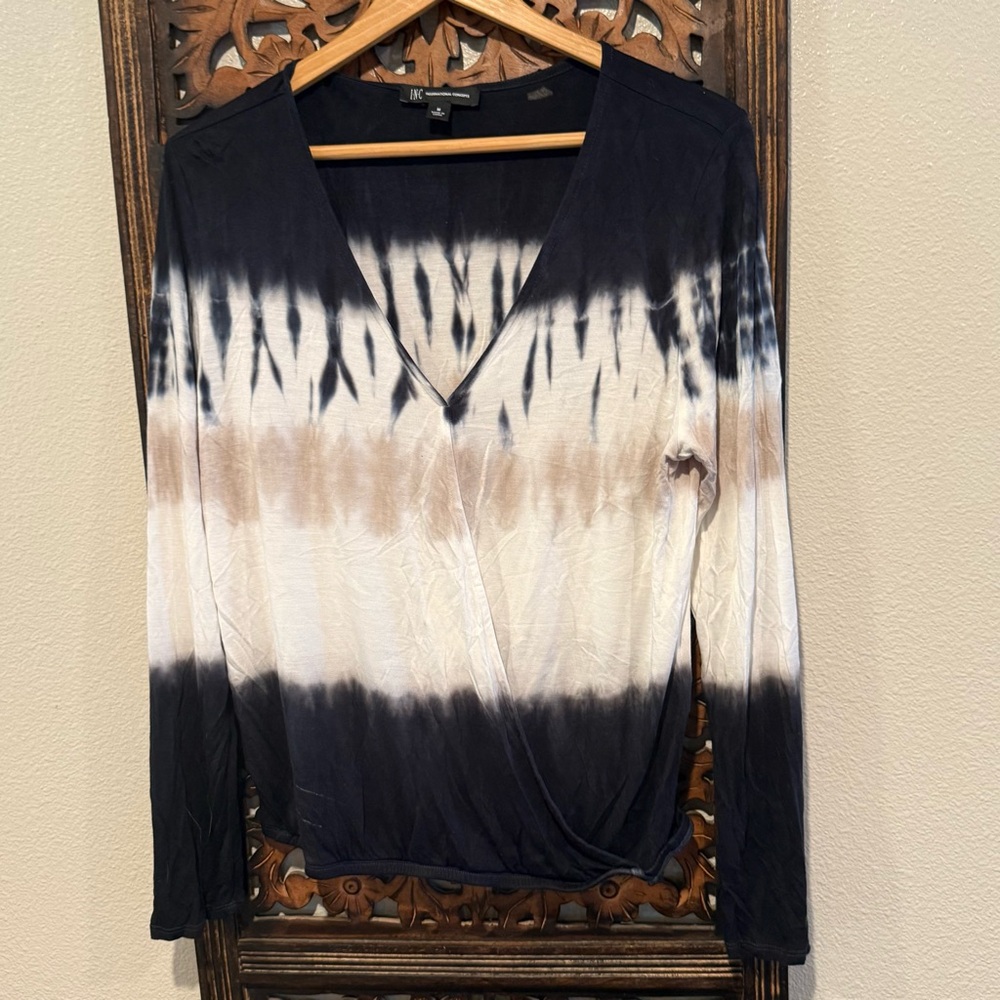 INC International Concepts black, White & Taupe Tie-Dye Long Sleeve Top